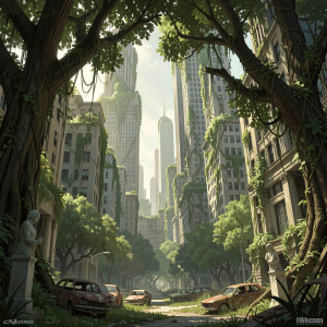 A vast, overgrown cityscape reclaimed by nature, with towering skyscrapers entwined.jpg
