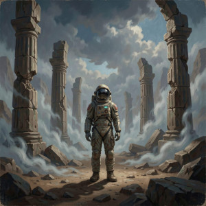 A lone astronaut, clad in a weathered, retro-futuristic spacesuit.jpg