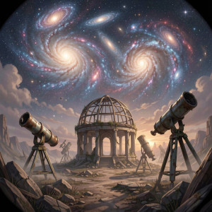 Beneath a sky filled with swirling, vibrant galaxies.jpg