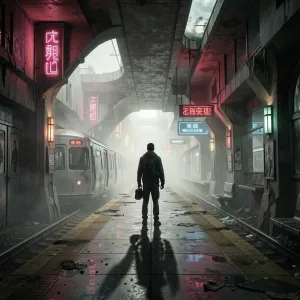 A lone figure stands on a decaying, retro-futuristic subway platform  -  F29.webp