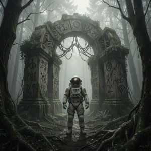 A lone astronaut discovers an ancient, overgrown ruin in a dense, mist-shrouded forest.jpg