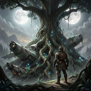 A lone explorer, clad in rugged steampunk gear, stands at the edge of a colossal, ancient tree.jpg