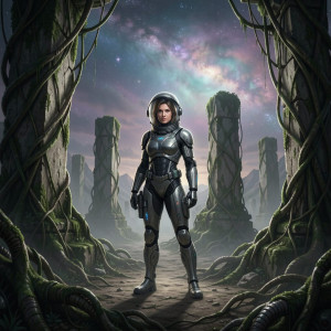 An adventurous female astronaut discovers ancient, overgrown ruins.jpg