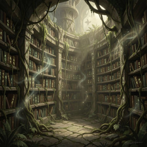 An ancient, forgotten library buried deep within a jungle.jpg