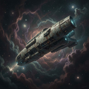 A colossal, ancient spaceship drifts silently through a nebula painted with cosmic horror undertones.jpg