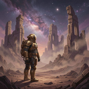 An astronaut, clad in ornate steampunk armor, stands.jpg
