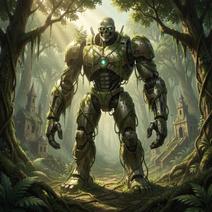 A colossal, moss-covered automaton stands sentinel in the heart of a jungle.jpg