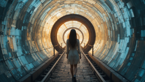 Beautiful woman stands inside tunnel to parallel dimension - PL1.png