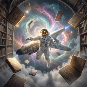 An astronaut adrift in a cosmic library, surrounded by nebulae and floating books.jpg