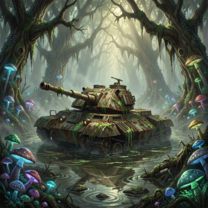 A lone, rusted-out futuristic tank half-submerged in a murky swamp.jpg