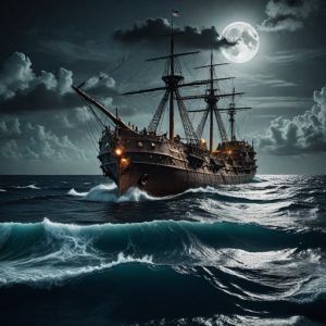 Ironclad warship sinks in the Caribbean under full moon - H8.png