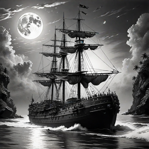 Ironclad warship sinks in the Caribbean under full moon - H13.png
