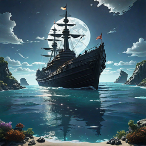 Ironclad warship sinks in the Caribbean under full moon - H16.png