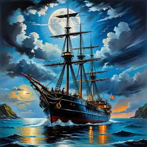 Ironclad warship sinks in the Caribbean under full moon - H18.png