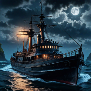 Ironclad warship sinks in the Caribbean under full moon - H21.png
