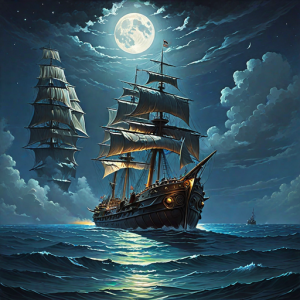 Ironclad warship sinks in the Caribbean under full moon - H22.png