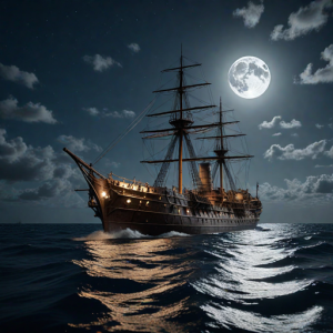Ironclad warship sinks in the Caribbean under full moon - H27.png
