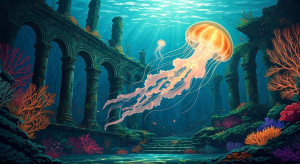 A majestic bioluminescent jellyfish floats through the ruins of a sunken city.jpg