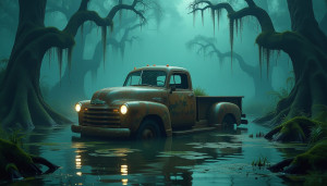 A futuristic truck half-submerged in a murky swamp - H11.jpg