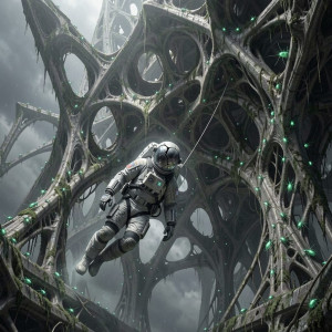 An astronaut, helmet cracked, floats tethered to a vast, abandoned alien mega-structure.jpg