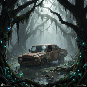 A futuristic truck half-submerged in a murky swamp - F24.jpg