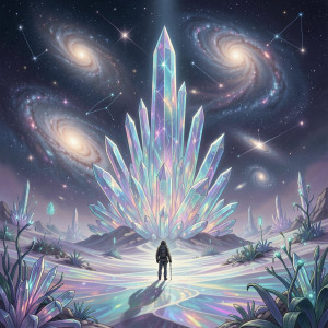 A lone explorer, dwarfed by a colossal, alien crystal formation.jpg