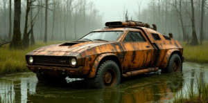 A futuristic truck half-submerged in a murky swamp - S.jpg