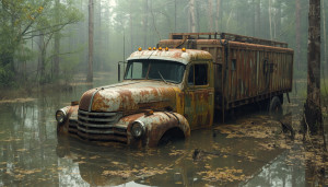 A futuristic truck half-submerged in a murky swamp - L.jpg