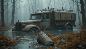 A lone, rusted-out futuristic truck half-submerged in a murky swamp - PL1.png
