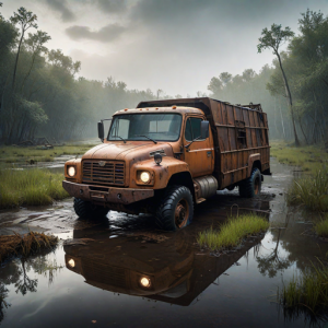 A lone, rusted-out futuristic truck half-submerged in a murky swamp - H1.png