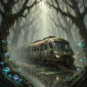 A futuristic train half-submerged in a murky swamp - F29.jpg
