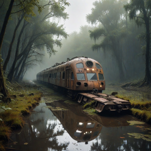 A futuristic train half-submerged in a murky swamp - H1.png