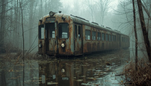 A futuristic train half-submerged in a murky swamp - L.jpg