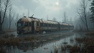 A futuristic train half-submerged in a murky swamp - PL1.png