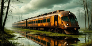 A futuristic train half-submerged in a murky swamp - S.jpg