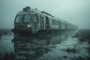 A futuristic train half-submerged in a murky swamp - P1.jpg