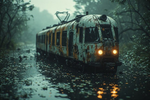 A futuristic train half-submerged in a murky swamp - P3.jpg