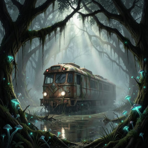 A futuristic train half-submerged in a murky swamp - F24.jpg