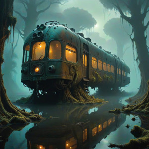 A futuristic train half-submerged in a murky swamp - СXL.jpg