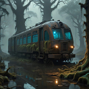 A futuristic train half-submerged in a murky swamp - BXL.jpg