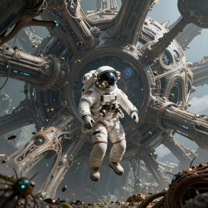 An astronaut,floats tethered to alien mega-structure - Z.jpg