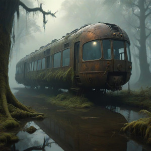 A futuristic train half-submerged in a murky swamp - MXL.jpg