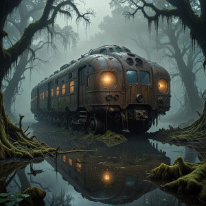 A futuristic train half-submerged in a murky swamp - R4.jpg