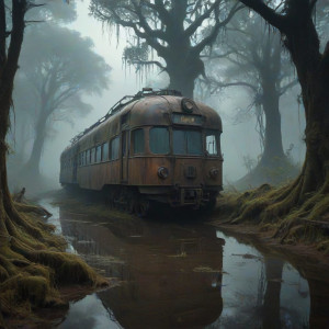 A futuristic train half-submerged in a murky swamp - J9.jpg