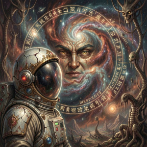 An astronaut in a cracked, baroque-style helmet stares into a swirling nebula.jpg