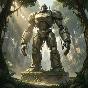 A colossal, ancient automaton, weathered by millennia, stands sentinel over a city swallowed by encroaching jungle.jpg