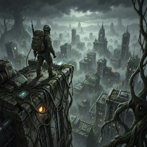 A lone explorer stands on a crumbling skyscraper, overlooking a vast, overgrown city.jpg