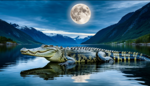 Giant crocodile in Norwegian fjord under full moon - S.png