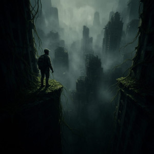 A lone explorer stands atop a crumbling skyscraper - А241.jpg