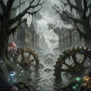 An abandoned steampunk city half-submerged in a toxic, murky swamp - F29.jpg